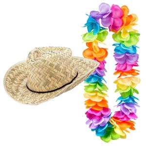 Carnaval verkleed set - Tropische Hawaii party - strohoed - met volle gekleurde bloemenslinger