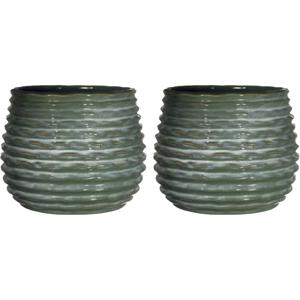 Bloempot/plantenpot Rise - 2x - ribbel - donkergroen - voor kamerplant - D16 x H13 cm