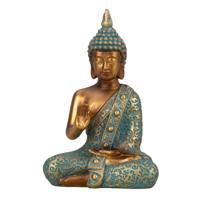 Boeddha beeld Shaman - binnen/buiten - kunststeen - goud/jade - 10 x 14 cm   -