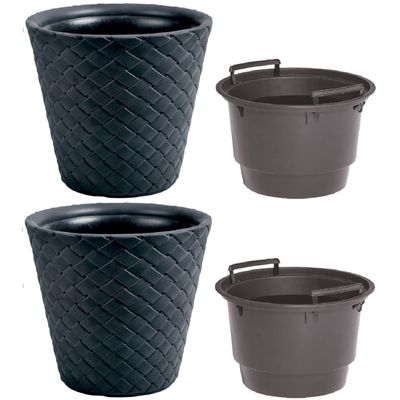 2x Kunststof Matuba rotan bloempotten/plantenpotten antraciet 40 cm inclusief binnenpot