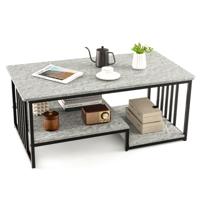 Imitatie Marmeren Salontafel Rechthoekige 2-Tier Centrale Tafel met Open Opbergplank Lange Moderne Cocktailtafel met Metalen Frame Grijs