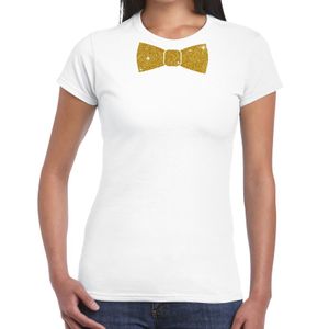 Wit fun t-shirt met vlinderdas in glitter goud dames