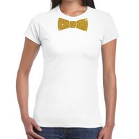 Wit fun t-shirt met vlinderdas in glitter goud dames