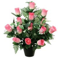 Kunstbloemen plantje rozen/gipskruid in pot - lichtroze - H35 cm - Bloemstuk - Bladgroen   -