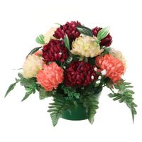 Kunstbloemen plantje crysanten in pot - zalm/rood/creme - D30 x H24 cm - Bloemstuk - Bladgroen