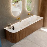 Mondiaz KURVE-DLUX 165 cm Onderkast Greeploos 2 Lades Met Deuren Walnut, Wastafel Solid Surface Rechts Frappe 0 Kraangaten Zonder Spiegel (KRVSTS165L2L1D0KD-Wal/Fra)
