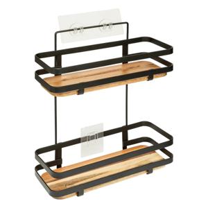 Badkamer douche rekje organizer - zwart metaal/acacia hout - zuignappen - 25 x 15 x 30 cm