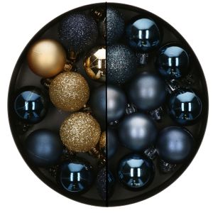 Mini kerstballen - 36x st - donkerblauw/goud - 3 cm - kunststof - kerstversiering