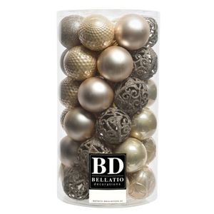 37x stuks kunststof kerstballen parel champagne 6 cm inclusief kerstbalhaakjes