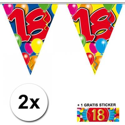 Leeftijd versiering - 2x vlaggenlijnen 18 jaar - met gratis sticker - feestartikelen - verjaardag Leeftijd versiering - 2x vlaggenlijnen 18 jaar - met gratis sticker - feestartikelen - verjaardag