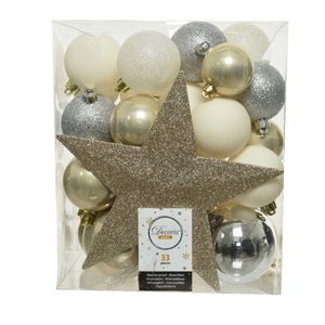 Decoris kerstballen - 33x st incl. ster piek - champagne/zilver/wit - kunststof