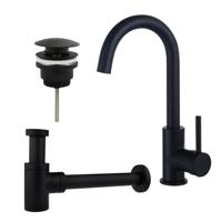 Fortifura Calvi Wastafelkraanset - hoge wastafelkraan - draaibare uitloop - klikwaste plug - verlaagde design sifon - Mat zwart SW809347/SW696199/SW696215