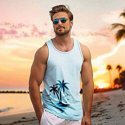 heren 100% katoen 3D-print tanktop grafisch mode outdoor casual vest top onderhemd straat casual dagelijks t-shirt wit blauw mouwloos shirt met ronde hals lente- en zomerkleding Lightinthebox