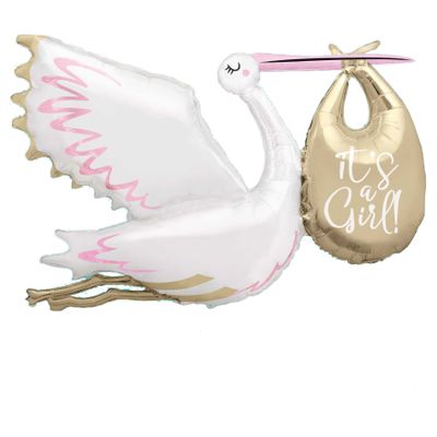 Folieballon Ooievaar &apos;It&apos;s a Girl&apos; Jumbo (157cm)