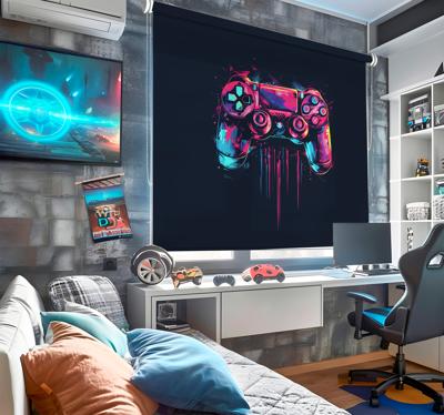 Blauwe en roze controle nerd rolgordijn