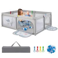 Babybox 206 x 147 cm Opvouwbaar Box met 50 Ballen 2 Deuren Zijvak Ademend Net en Ritssluiting Box voor Zuigelingen en Peuters Grijs