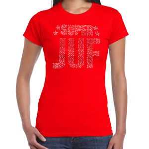 Glitter Super Juf t-shirt rood rhinestones steentjes voor dames - Glitter cadeau shirt/ outfit