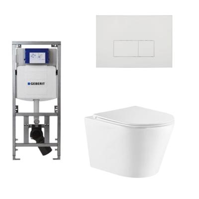 QeramiQ Dely Toiletset - 36.3x51.7cm - diepspoel - rimless - Geberit UP320 Burda inbouwreservoir - softclose toiletzitting - glans witte bedieningsplaat - rechthoekige knoppen - wit mat SW543432/0701131/SW706187