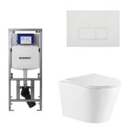 QeramiQ Dely Toiletset - 36.3x51.7cm - diepspoel - rimless - Geberit UP320 Burda inbouwreservoir - softclose toiletzitting - glans witte bedieningsplaat - rechthoekige knoppen - wit mat SW543432/0701131/SW706187