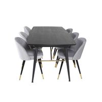 Gold eethoek eetkamertafel uitschuifbare tafel lengte cm 180 / 220 zwart en 6 Velvet eetkamerstal velours lichtgrijs. - thumbnail