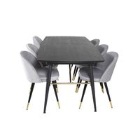 Gold eethoek eetkamertafel uitschuifbare tafel lengte cm 180 / 220 zwart en 6 Velvet eetkamerstal velours lichtgrijs.