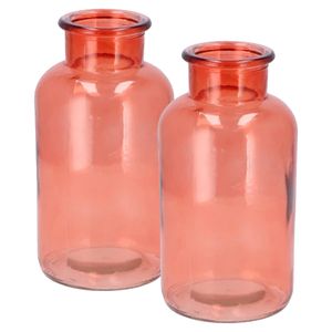 Bloemenvaas melkbus fles model - 2x - helder gekleurd glas - koraalroze - D10 x H20 cm