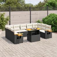 10-delige Loungeset met kussens poly rattan zwart