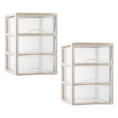 Ladeblokje/bureau organizer - 2x stuks - 3 lades - transparant/beige - L26 x B36 x H37 cm - plastic
