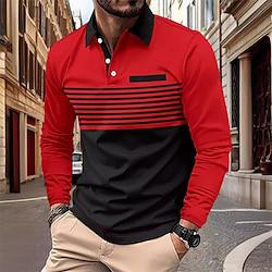 Voor heren Golfshirt golfpolo Werk Casual Revers Lange mouw Basic Modern Gestreept nappi Zak Lente Herfst Normale pasvorm Rood blauw Groen Khaki Grijs Golfshirt Lightinthebox