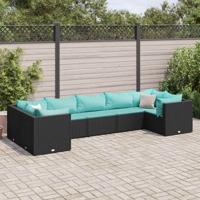 7-delige Loungeset met kussens poly rattan zwart