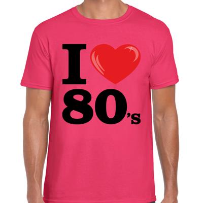 Verkleed T-shirt heren - I love 80s - roze - eighties party / thema feesten