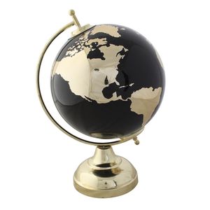 Items Deco Wereldbol/globe op voet - kunststof - zwart/goud - home decoratie artikel - D20 x H30 cm   -