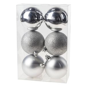 6x Zilveren kerstballen 8 cm kunststof mat/glans/glitter - Kerstbal