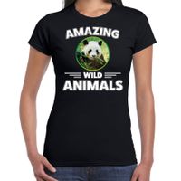 T-shirt pandaberen amazing wild animals / dieren zwart voor dames