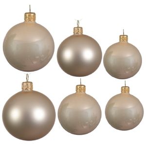 Glazen kerstballen pakket champagne glans/mat 16x stuks diverse maten