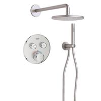 Grohe Adema Rise Regendoucheset - rond - wandaansluitbocht met handdouchehouder - gladde doucheslang - staafhanddouche - wandarm - 25cm hoofddouche - Grohe SmartControl inbouwthermostaat - chroom SW1244351/SW104917/SW105953