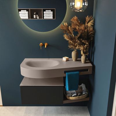 MONDIAZ RIVA 100cm badmeubel onderkast / planchet kleur Urban met 1 lade. Wastafel DULCET links 0 kraangaten kleur Smoke.