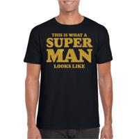 Verkleed T-shirt voor heren - super man - zwart - glitter goud - carnaval/themafeest - Vaderdag - thumbnail