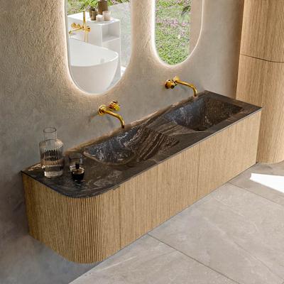Badmeubel Mondiaz Kurve-Dlux | 155 cm | Meubelkleur Oak | Wastafelkleur Lava | Solid surface | Dubbele spoelbak | Zonder kraangat(en)