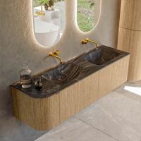 Badmeubel Mondiaz Kurve-Dlux | 155 cm | Meubelkleur Oak | Wastafelkleur Lava | Solid surface | Dubbele spoelbak | Zonder kraangat(en)