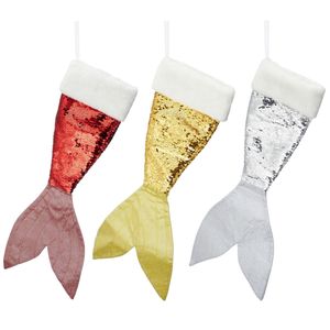 Set van 3x stuks kerstversiering kerstsokken zeemeerminnen staart zilver/rood/goud 45 cm