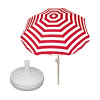 Parasol met voet van 12 liter - rood/wit gestreept - polyester/kunststof - Dia 180 cm - verstelbaar