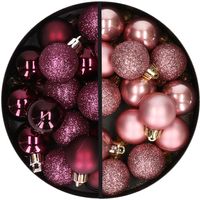 34x stuks kunststof kerstballen aubergine paars en oudroze 3 cm