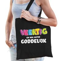 Cadeau tas 40 jaar - veertig en goddelijk - dames - zwart - katoen - 42 x 38 cm