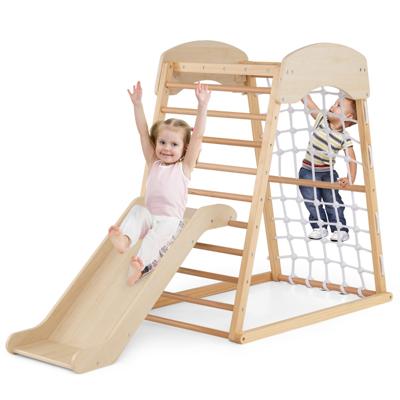 4-In-1 Houten Speeltoestel met Dubbelzijdige Hellingbaan Klimrek Klimnet Klimladder Montessori Indoor Klimspeelset Vloerankers Natuur