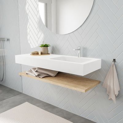 Mondiaz Alan badmeubel 120 cm planchet washed oak vrijhangend wastafel rechts 1 kraangat wit