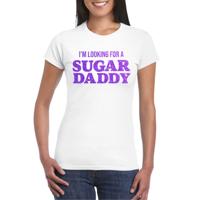 Verkleed T-shirt voor dames - sugar daddy - wit - glitter paars - carnaval/themafeest Verkleed T-shirt voor dames - sugar daddy - wit - glitter paars - carnaval/themafeest