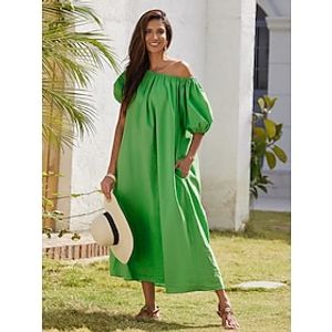 katoenen maxi-jurk voor dames, casual resortkleding, vakantiejurk, groene, losse pasvorm, off-shoulder, bladerdeegmouwen, een lijn-zomerjurk