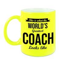 Worlds Greatest Coach cadeau koffiemok/theebeker neon geel 330 ml - thumbnail