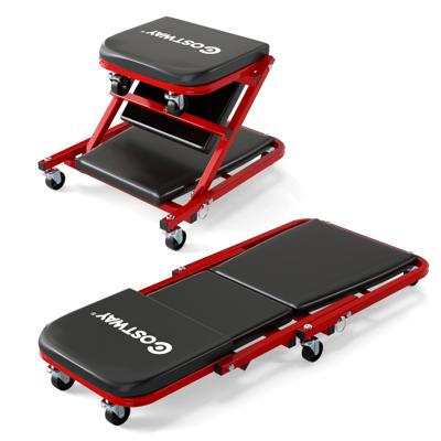 2 in 1 Rolplank Werkplaats Montageplank met 6 Wielen & Gevoerde Zitting tot 150 kg Belastbaar Zwart